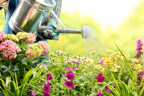 In the outdoor garden of a residential property in Enfield, a person is watering a vibrant flower bed with a metal watering can, set against a lush, green background with sunlight filtering through. The flower bed features a mix of colourful flowering plants, including pink, purple, and yellow blooms, with broad green leaves and ornamental grasses. The garden layout includes a dense arrangement of plants positioned in front of a shrub border or low hedge, providing a structured yet natural appearance. The soil around the plants appears well-maintained and healthy. The area is partly shaded by trees or tall shrubs, with bright daylight enhancing the natural colour tones of the flowers and foliage. This scene reflects typical garden care activities undertaken by professional landscapers in Enfield, focusing on cultivating a vibrant and healthy outdoor space for a residential garden, supporting gardening services offered by Landscapers Enfield on their pricing and quotes page.