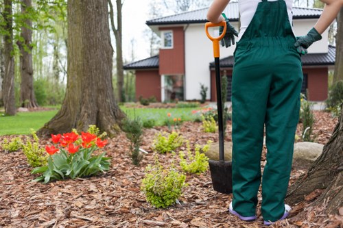 The image shows a person standing in a landscaped garden in Enfield, with their back to the camera, dressed in green gardening overalls and black gloves, holding a small shovel with an orange handle. The garden features a variety of plantings, including a cluster of red tulips and small green shrubs, all set within a mulched bed area. A mature tree with a textured trunk is prominently positioned in the foreground, providing shade and structure to the outdoor space. In the background, a modern, terraced house with white and red brick elements is visible, surrounded by a well-maintained lawn and additional trees, indicating a suburban residential setting in North London. The scene suggests ongoing gardening or maintenance work, aligned with landscaping services by Landscapers Enfield, emphasizing natural textures, vibrant plant colours, and a tidy, organized outdoor environment suitable for lawn care and garden improvement projects. The weather appears overcast, with soft lighting highlighting the clarity of the plant details and garden layout.