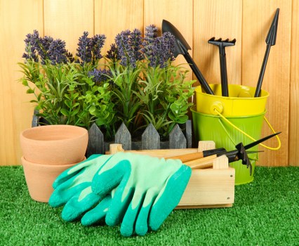 The image features a neatly arranged outdoor garden workspace with various gardening tools and plants positioned on a patch of green artificial grass. In the background, there are several potted lavender plants with purple flowers and green foliage, placed in black containers on a wooden surface. To the right, a yellow plastic bucket contains tools such as a hand fork, hand trowel, and a small rake, all with black handles. In front of the bucket, a pair of turquoise gardening gloves rests on a light wooden tray, which also holds additional small gardening tools. Behind the tray, there are empty terracotta plant pots stacked together. The scene is set against a background of wooden fencing, indicating a cultivated garden space suitable for gardening and landscaping activities, consistent with services provided by Landscapers Enfield. The lighting suggests a clear day, with natural sunlight illuminating the area, ideal for outdoor gardening work.